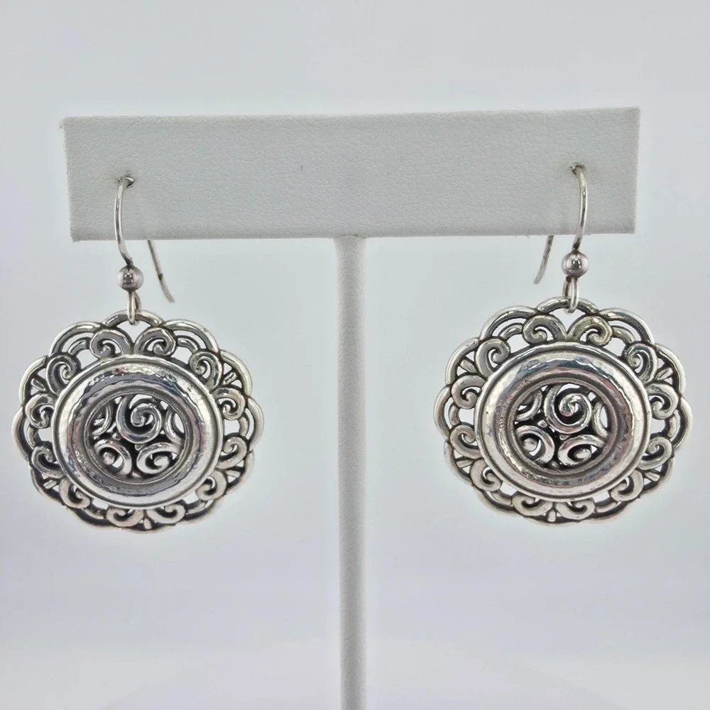 BRIGHTON 'Woodstock Moonflower' Earrings Ornate Scrollwork Silver Plate 1.5